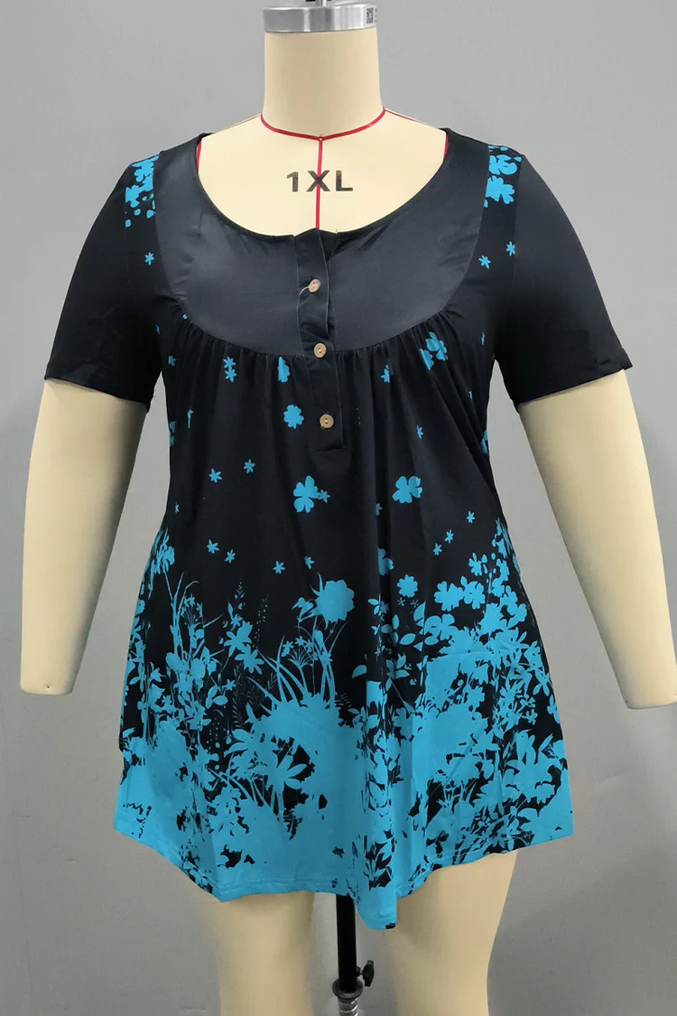 Plus Size Casual Floral Tunic V Neck Short Sleeve Button T Shirt FlyCurvy Flycurvy [product_label]