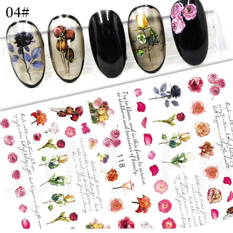 Geometric Lines Flower Leaf 3D Nail Stickers Blue Gold Cool Fall Leaves Spring Transfer Slider Nail Art Decoration Manicures-Nail Inspo