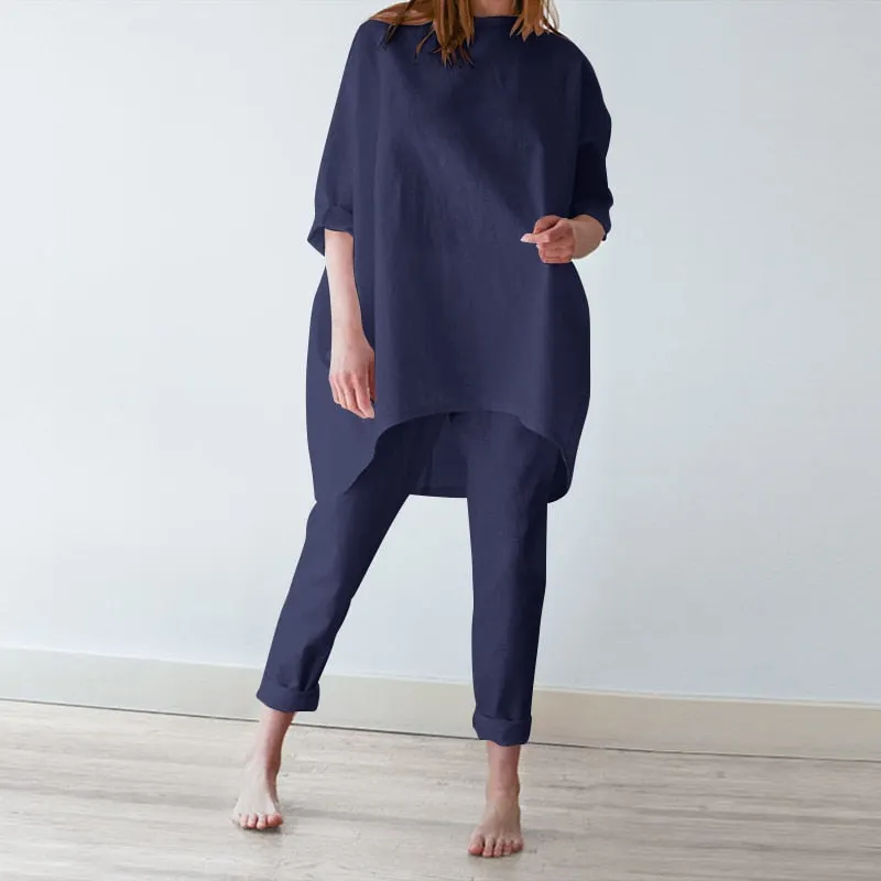 Fashion Urban Tracksuit Women Summer Pants Suits ZANZEA Two Piece Sets Casual 3/4 Sleeve Irregular Blouse Trousers Sets Outifits