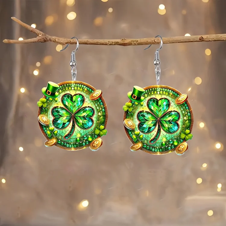 St. Patrick'S Day A Pair of Elegant Green Clover And Golden Coin Acrylic Earrings