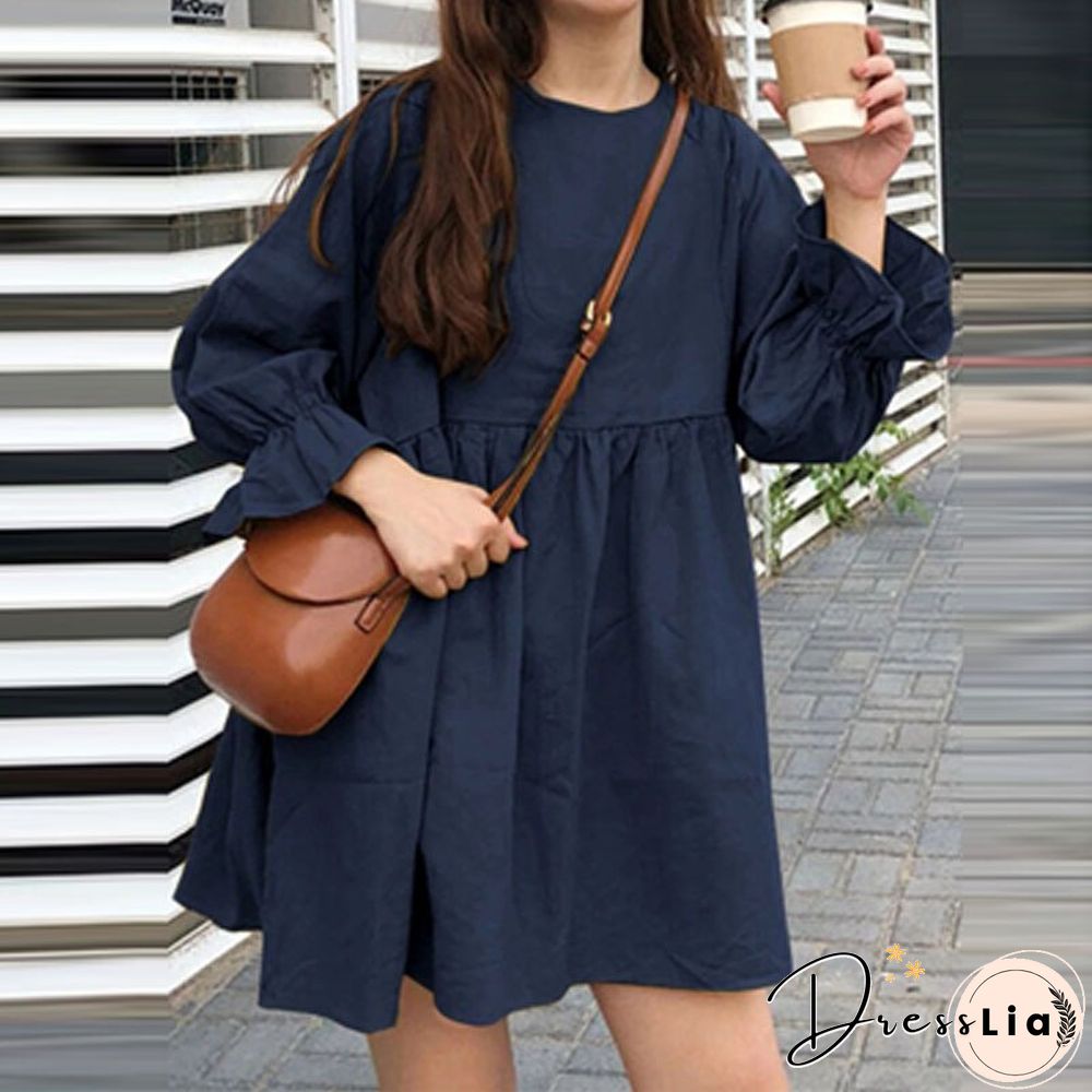 Womens Fashion Small Fresh Long Sleeve Neck Dress Early Autumn Dot Print Mini Ladies