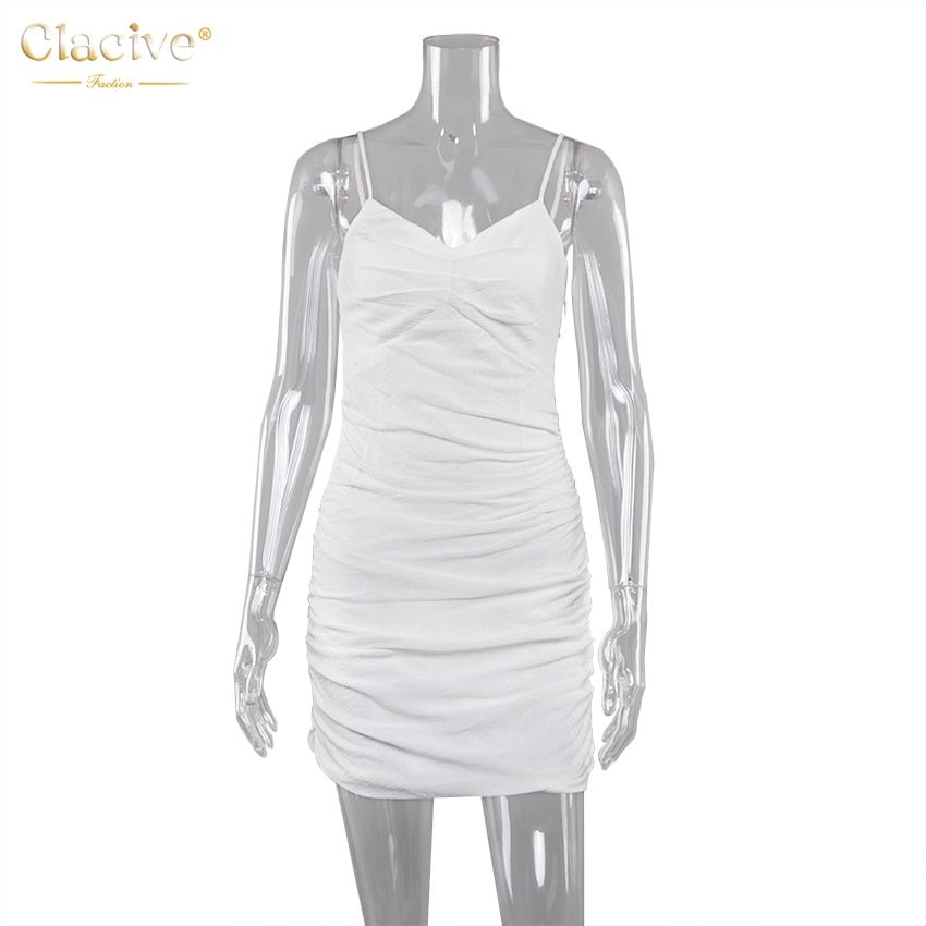 Clacive Sexy Spaghetti Strap White Mini Dresses Women Casual Ruched Sleeveless Summer Women'S Dress 2021 Fashion Slim Lady Dress