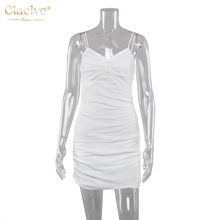 Clacive Sexy Spaghetti Strap White Mini Dresses Women Casual Ruched Sleeveless Summer Women'S Dress 2021 Fashion Slim Lady Dress