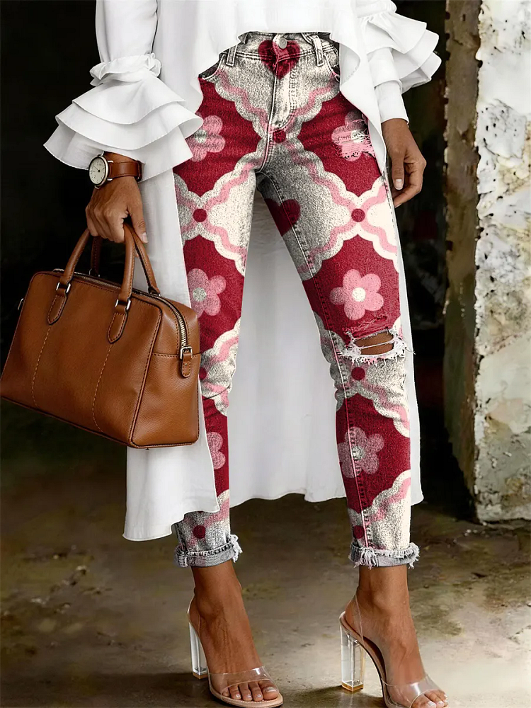 Women's Fashion Casual Flowers Art Print Ripped Skinny Jeans