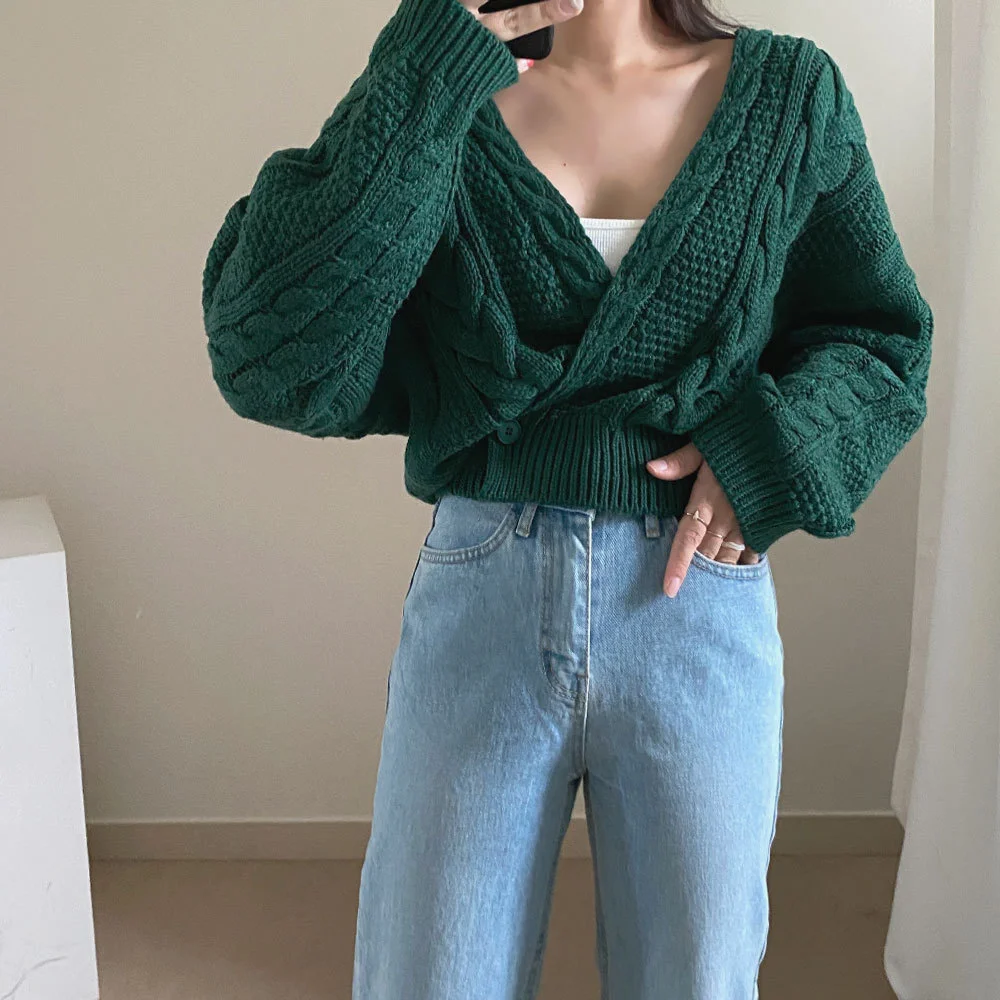 V-Neck Sweater Cropped Linen Pattern Knit Sweater