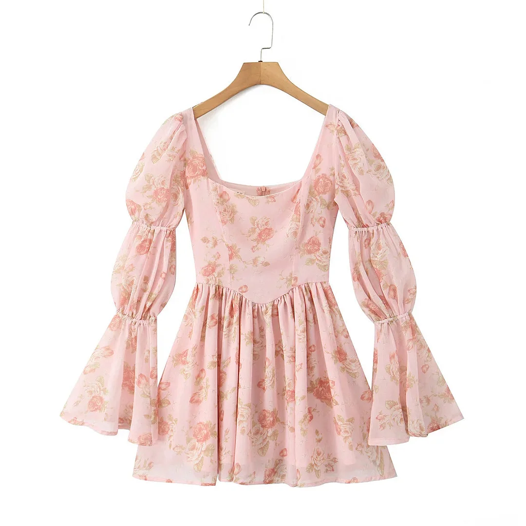 Toloer Floral Print Long Puff Sleeve Square Collar Mini Dress-Outfit Ideas