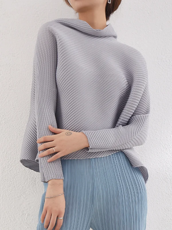 Loose Long Sleeves Pleated Solid Color High-Neck T-Shirts Tops
