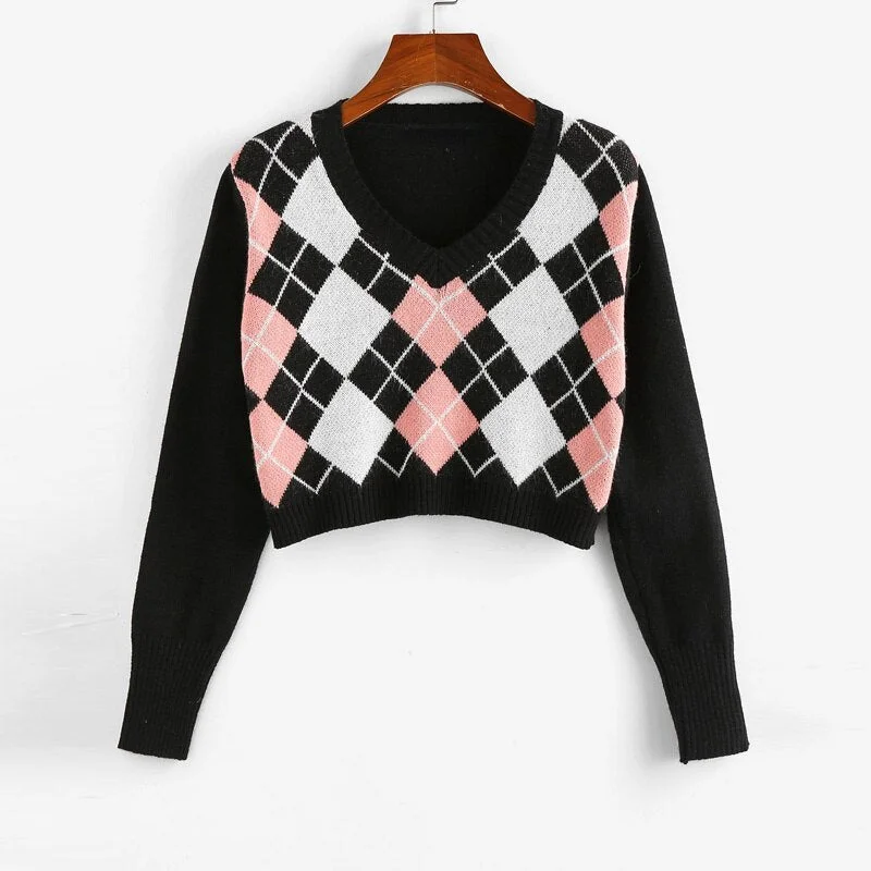 Cropped Argyle Sweater Women V Neck Long Sleeve Pullover Elegant Knit Sweater Top 2021 Fashion Za Style Autumn Jersey Mujer