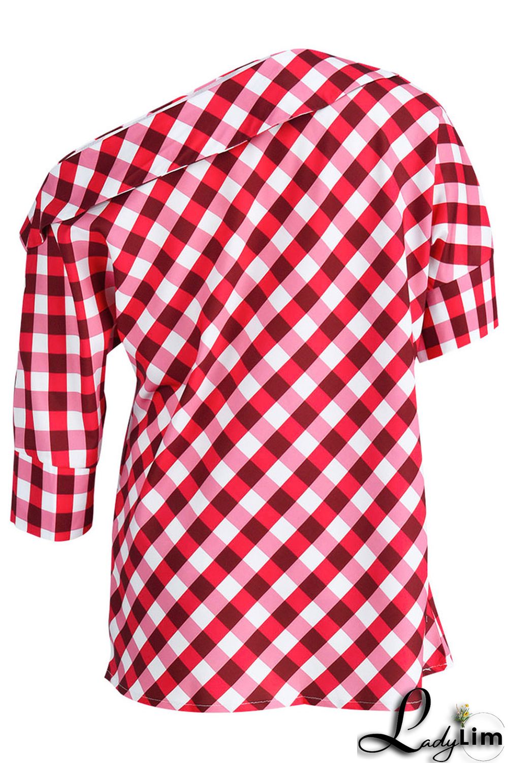 Black Casual Plaid Print Patchwork Asymmetrical Oblique Collar Tops