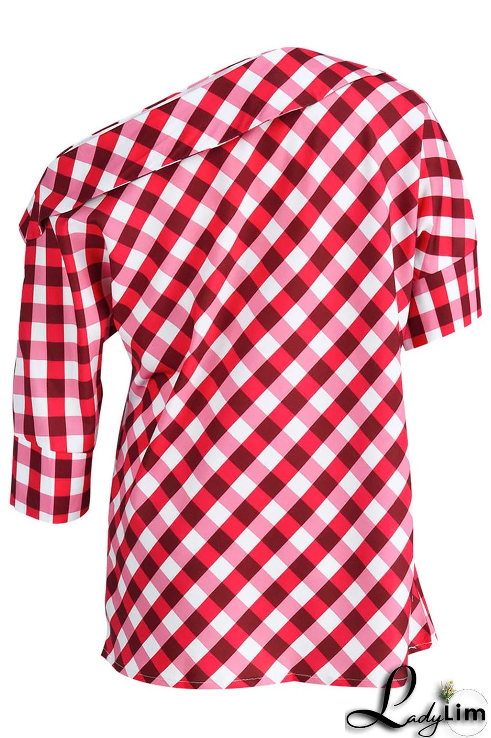 Black Casual Plaid Print Patchwork Asymmetrical Oblique Collar Tops