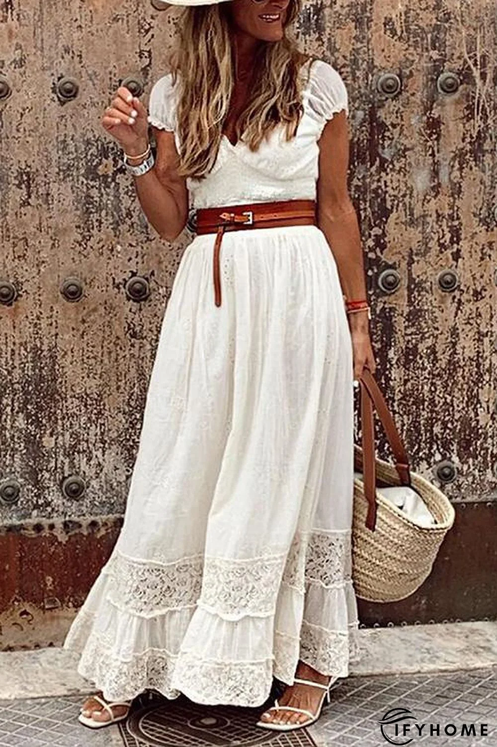 Lace V Neck Short Sleeve Maxi Dress | IFYHOME