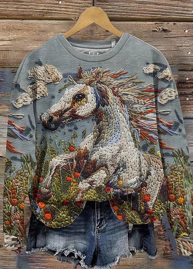 Women's Retro Horse Print Pattern Casual Sweatshirt