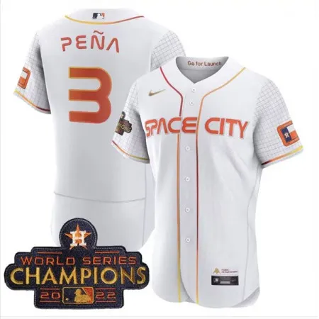 Men's Houston Astros #3 Jeremy Pena White With 2022 World Serise Champions Patch Stitched Baseball Jersey 7MYB