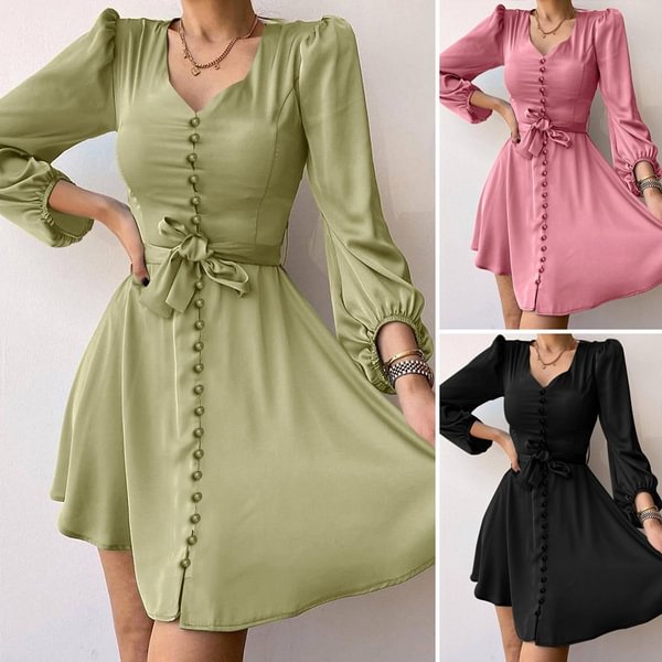 Women's Elegant Puff Sleeve Satin V-Neck Fitted Dress Knee Length Dress Prom Dress - BlackFridayBuys