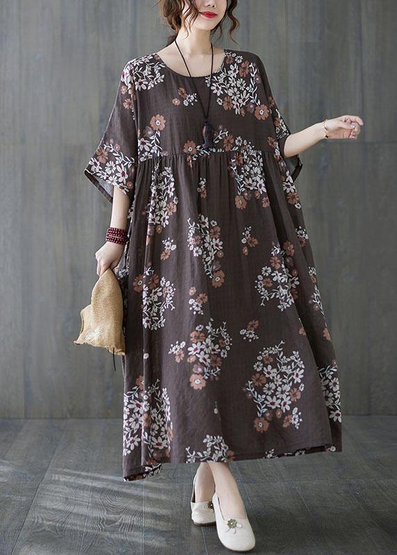 VCSHOES Chocolate Patchwork Print Summer Vacation Dress Half Sleeve