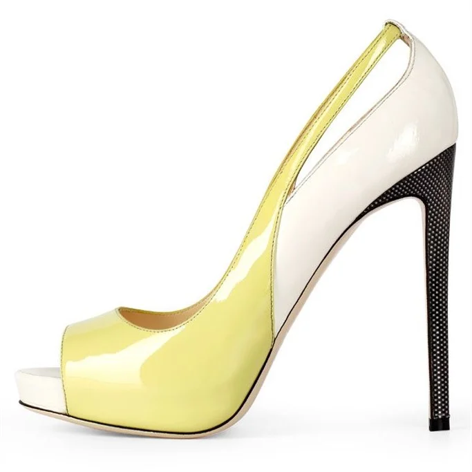 Women's Yellow and White Peep Toe Heels Stilettos Platform Pumps |FSJ Shoes