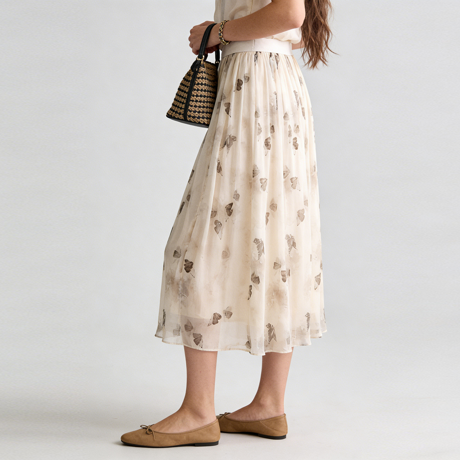Romantic Beige Silk Skirt with Butterfly Prints for Spring Walk REAL SILK LIFE