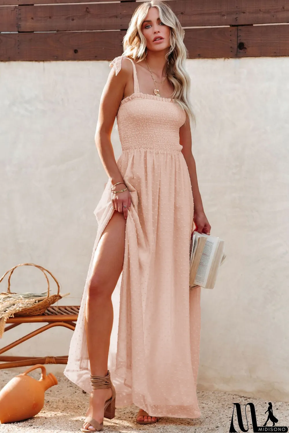 MidiSono - Beige Smocked Swiss Dot Maxi Dress