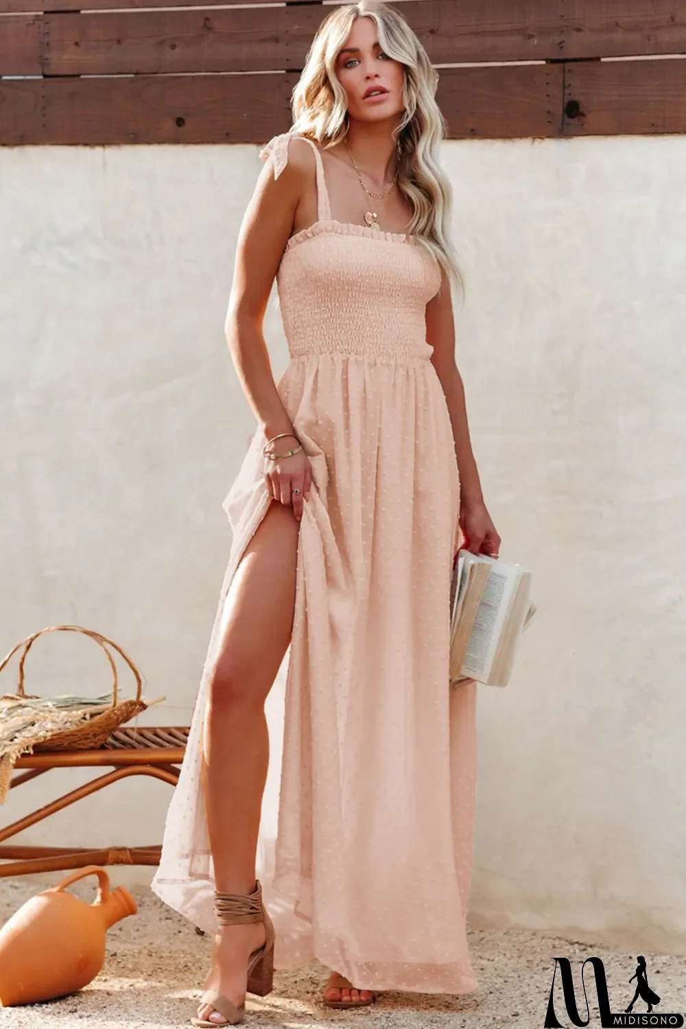 MidiSono - Beige Smocked Swiss Dot Maxi Dress