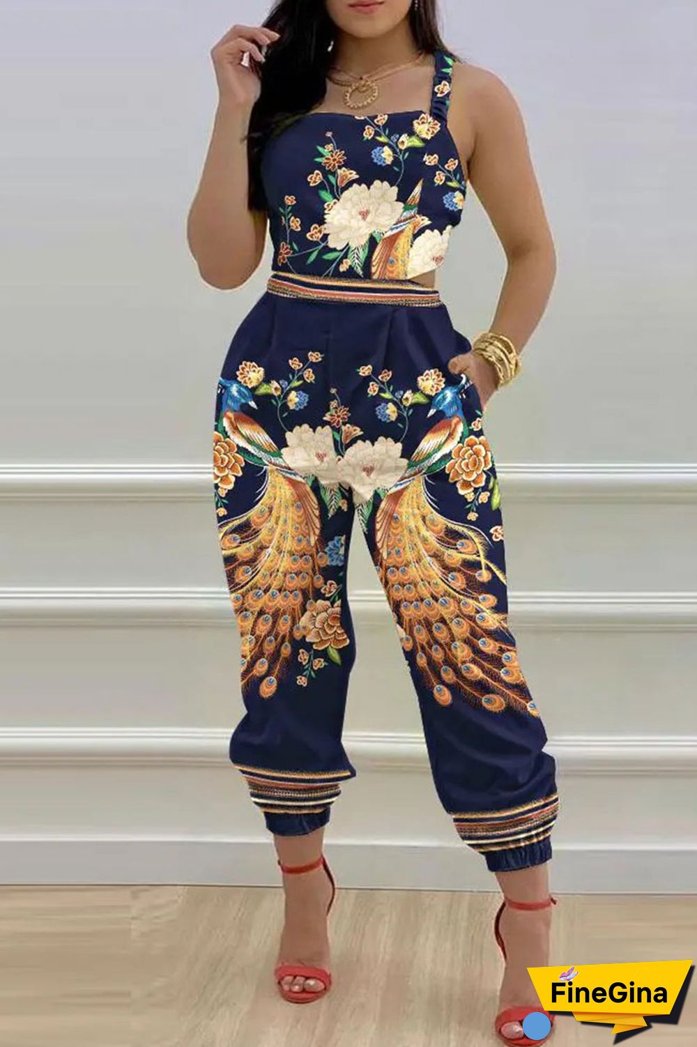 White Sexy Print Bandage Patchwork Backless Spaghetti Strap Regular Jumpsuits