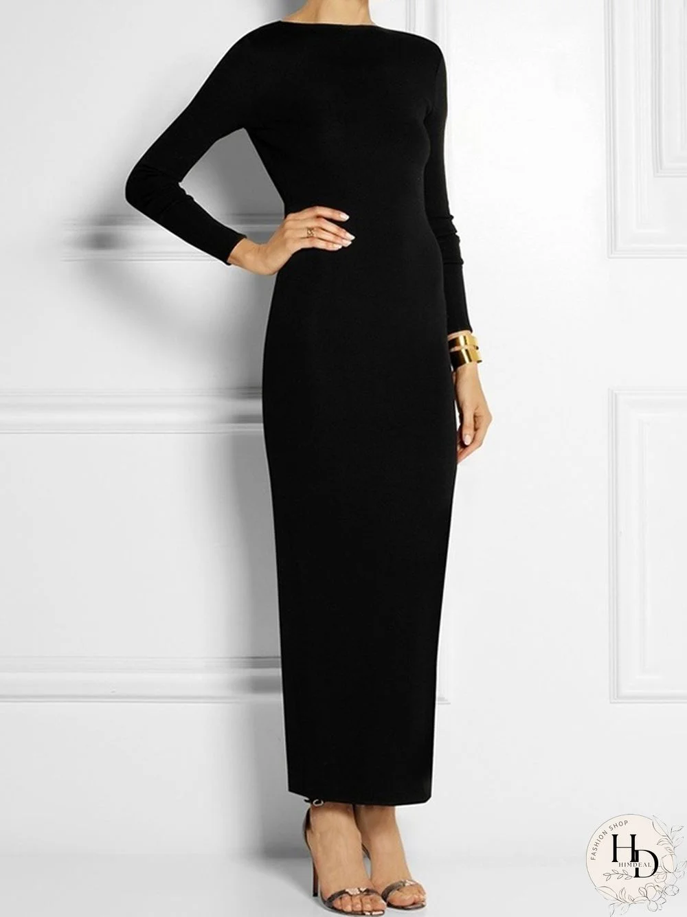 Long Sleeves Skinny Solid Color Split-Side Maxi Dresses