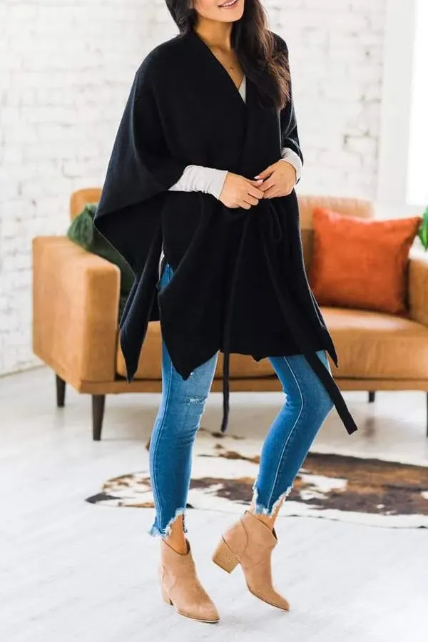 Solid Color Belt Batwing Sleeve Coat