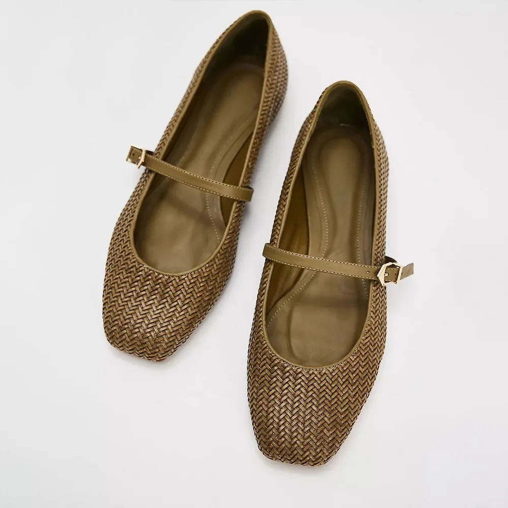 Olive Woven Design Square Toe Mary Jane Flats with Buckle Strap