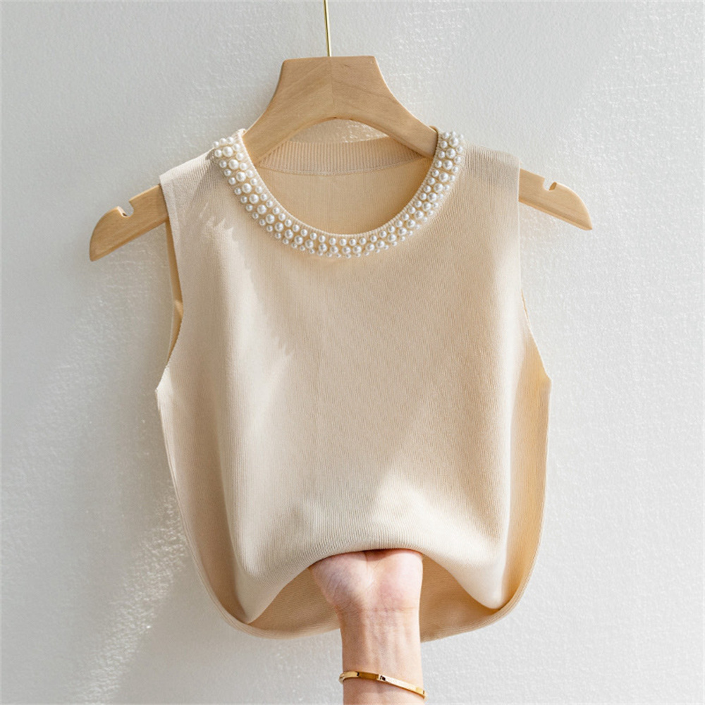 Ballifyex New Korean Knitted Vests Women Top Solid Tank Summer New Fashion Female Sleeveless Beading Casual Thin Basic Tops Women Clothes