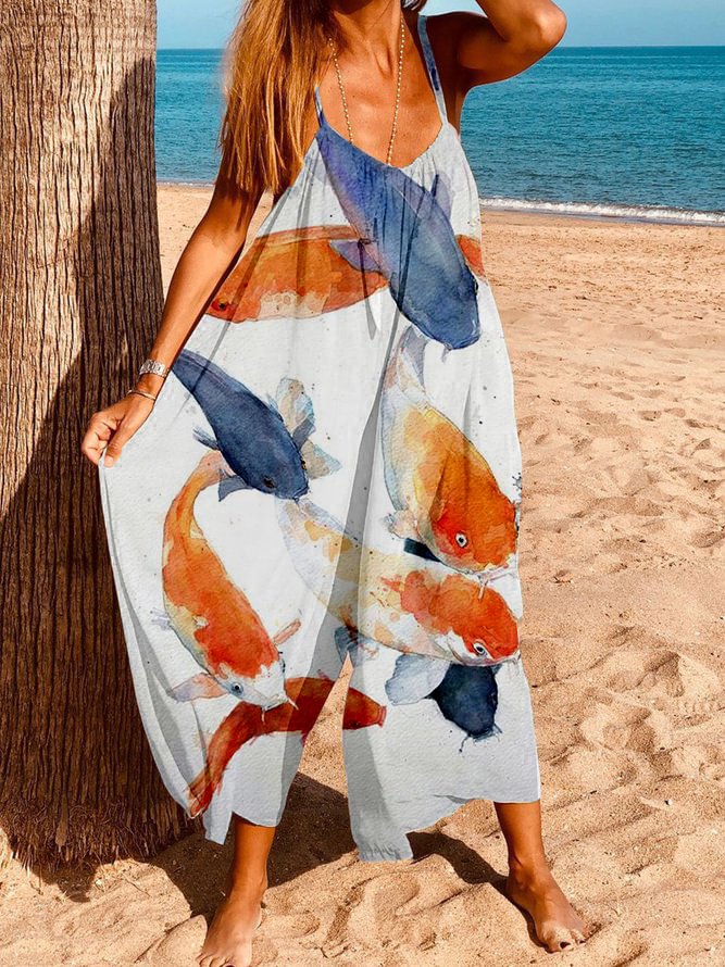 Fish Print Loose Suspender Jumpsuit