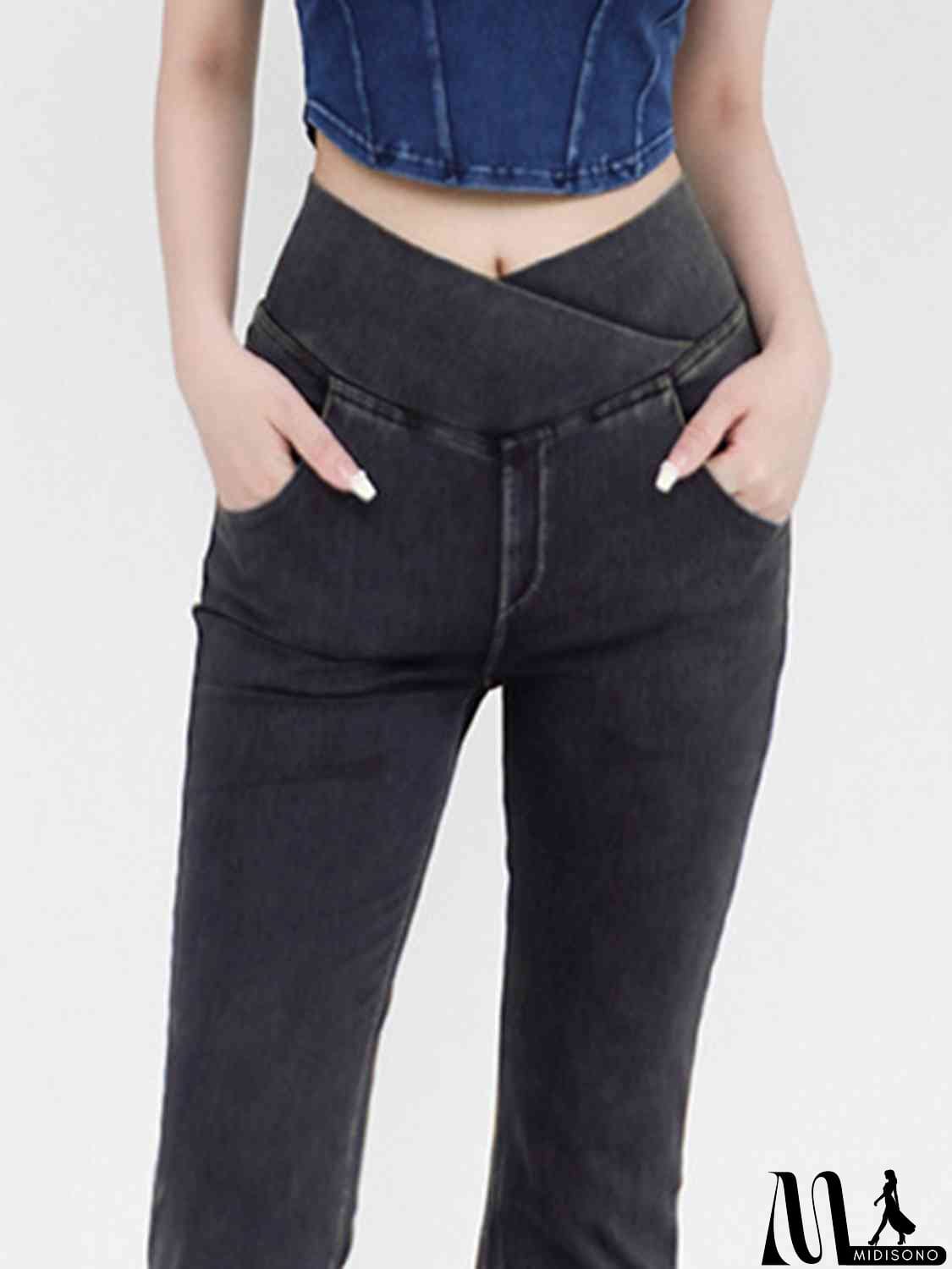 MidiSono - Wide Waistband Bootcut Jeans with Pockets