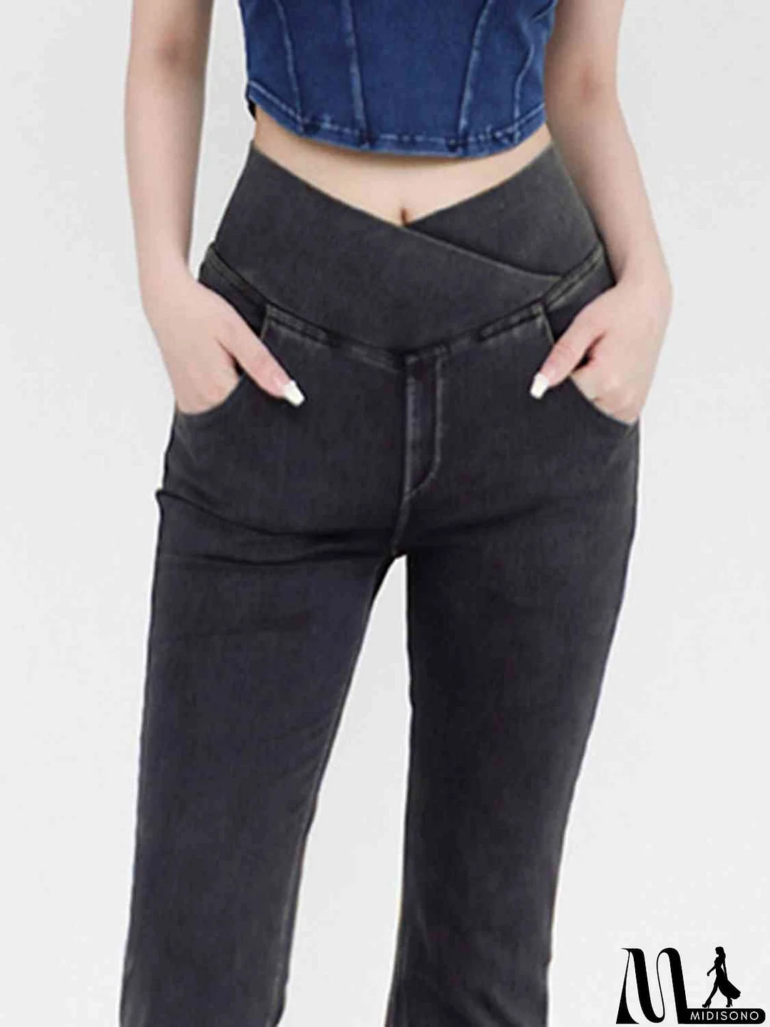 MidiSono - Wide Waistband Bootcut Jeans with Pockets