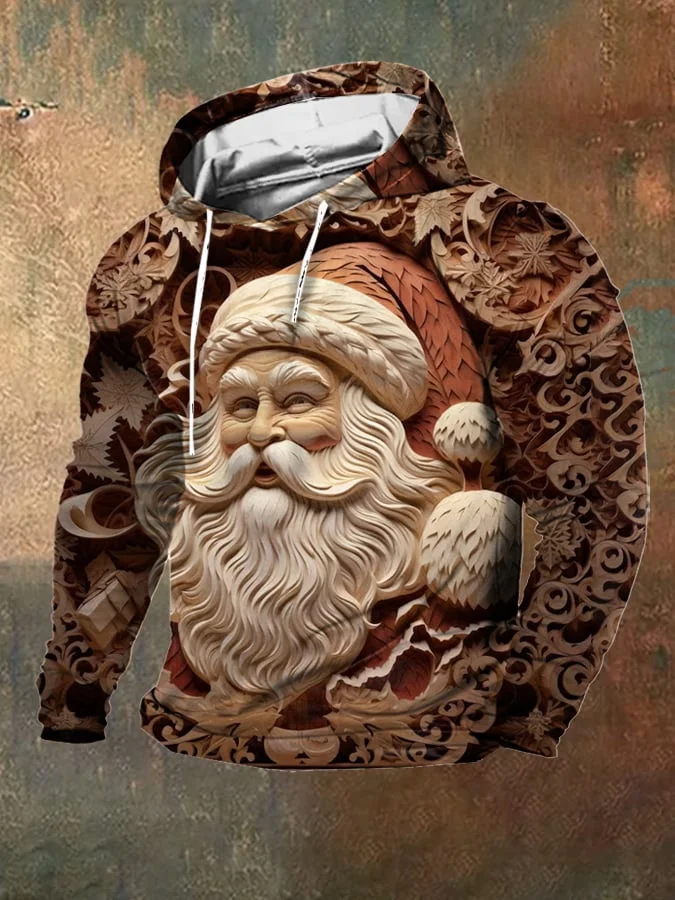 Men's Retro Western 3D Santa Print Hooded Sweatshirt