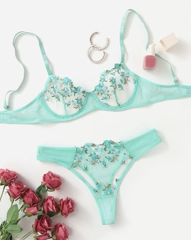 Toloer Floral Embroidery Transparent Lace 2 Piece Set-Outfit Ideas