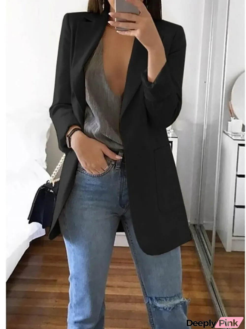 Women's Blazer Solid Color Pocket Chic & Modern Long Sleeve Coat Spring Fall Casual Open Front Regular Jacket Wine