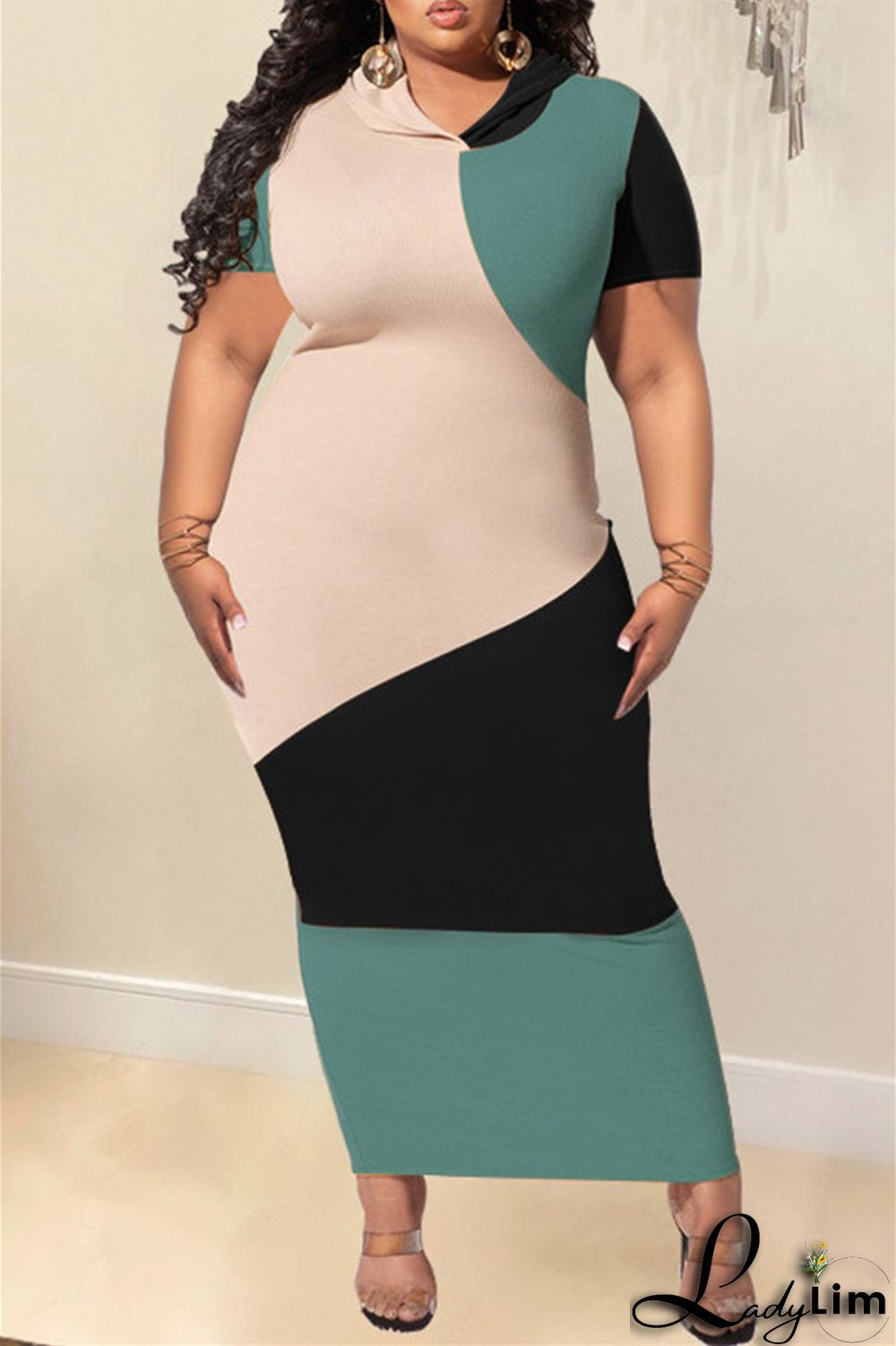 Black Fashion Casual Solid Split Joint Hooded Collar Short Sleeve Dress Plus Size Dresses