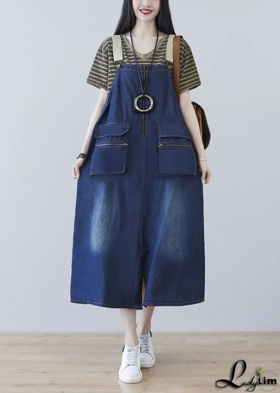 French Blue Zip Up Side Open Pockets Cotton Denim Strap Dresses Spring