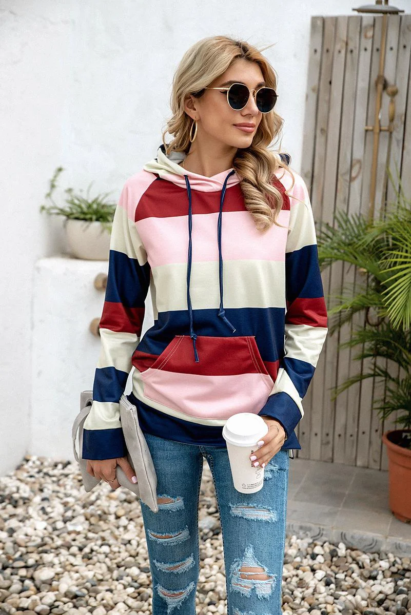 Women Stripe Hoodie Sweatshirts Autumn Winter Fashion 2020 Long Sleeve Plus Size Casual Loose Ladies Pullovers Pocket Hooded Top