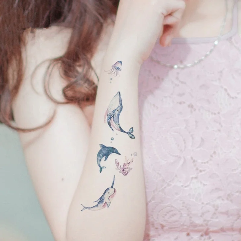 12 Kinds Handpainted Ocean Tattoo Sticker Flower Whale Starfish Turtle Temporary Body Art Disposable Make Up tatouage temporaire