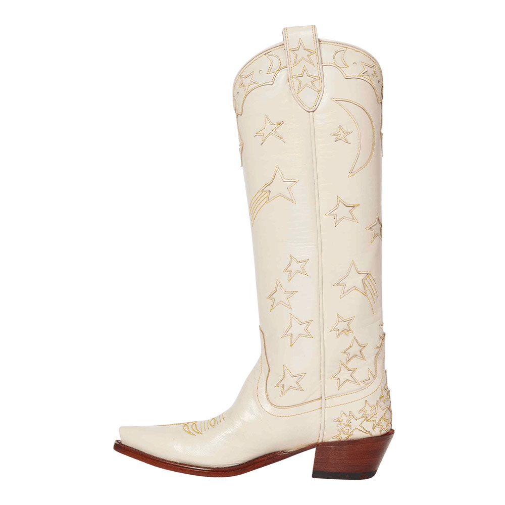 White Snip Toe Chunky Heel Star Inlay Knee High Cowgirl Boots Nicepairs