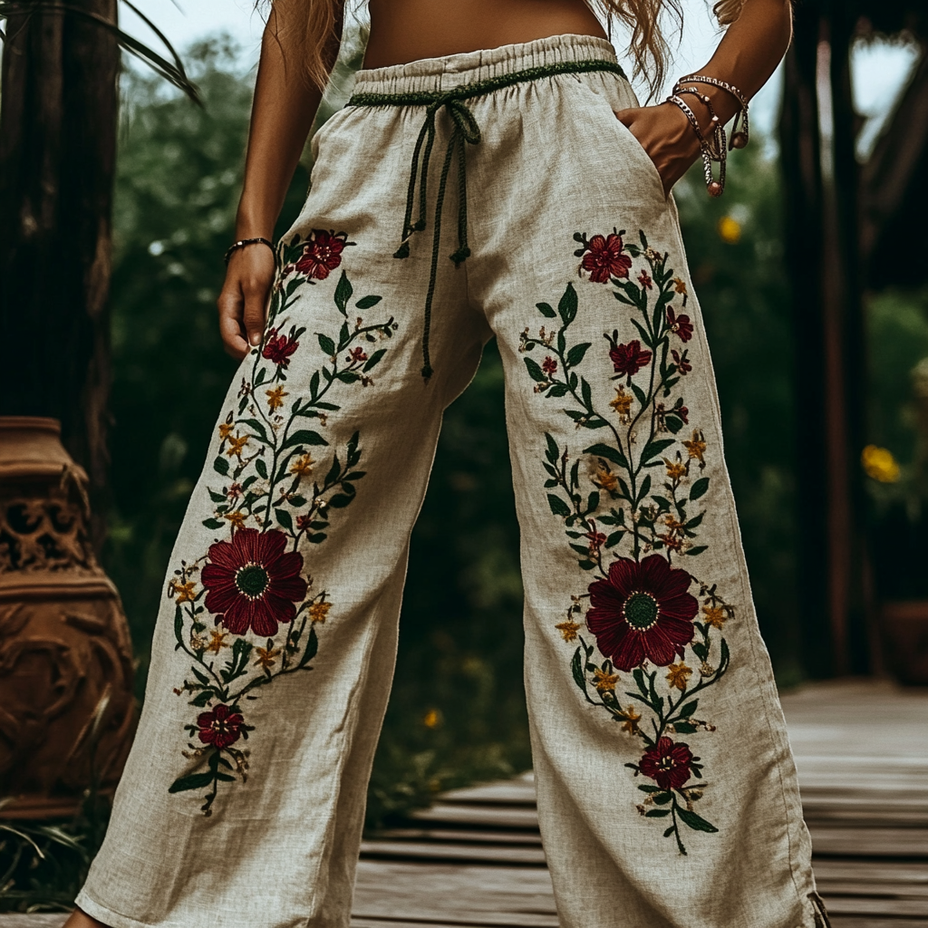 Women's Bohemian Floral Embroidered Casual Pants