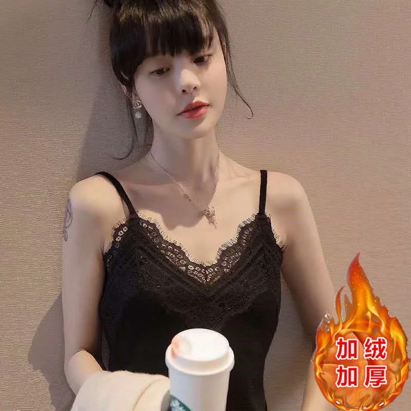 Uveng Uveng Sling Vest Women In Autumn With Velvet Thick Lace Knitted Bottom Shirt Sleeveless Top In Trend