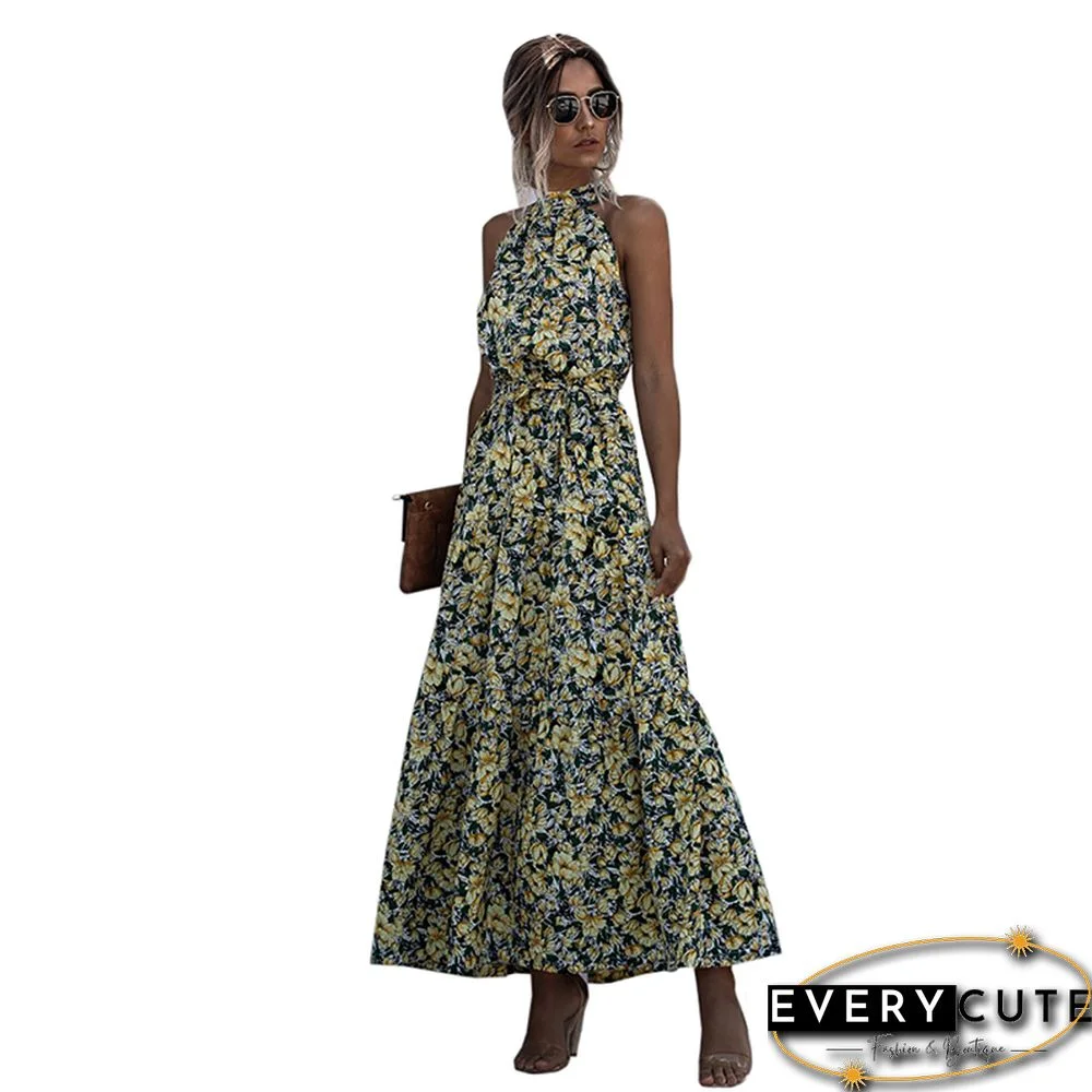 Light Yellow Floral Print Halter Maxi Dress