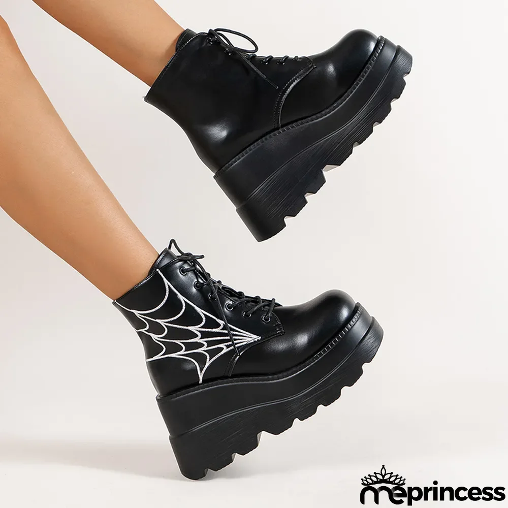 Spider Web Round Toe Lace-up Short Leather Boots