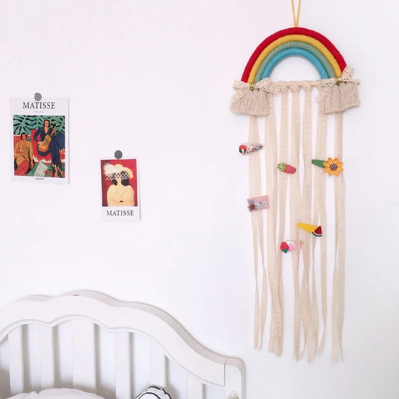 INS Nordic Rainbow Tassel Wall Hanging Ornaments Hair Bows Storage Belt Girls Room Decoration Hair Clips Hanger Organizer Strip