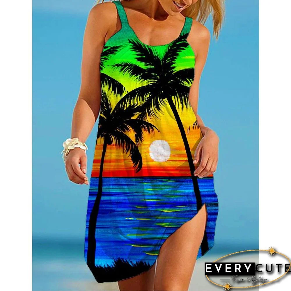 Summer Sexy Beach Dress Nature Scenery 3D Print Women Spaghetti Strap Dresses Streetwear Sunflowers Boho Female O Neck Dresses