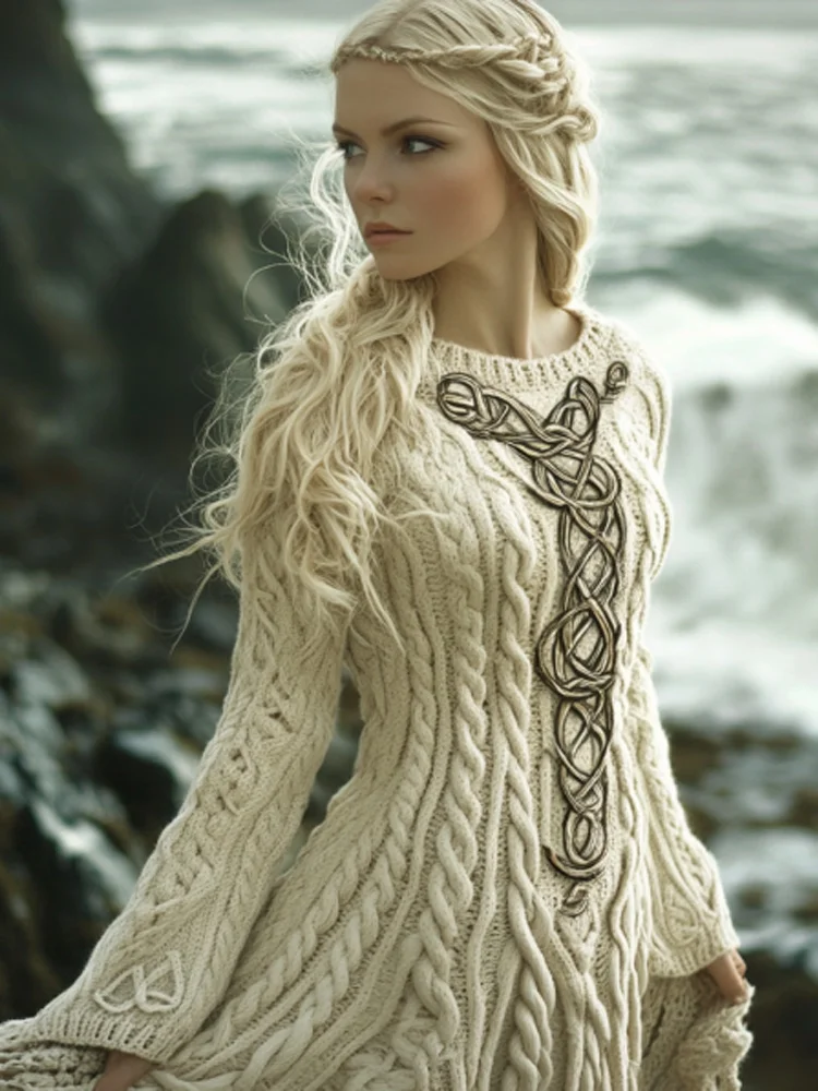 Utbros Women's Celtic Knot Long Sleeve Sweater Dress