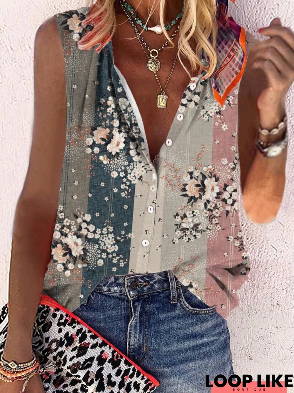 Casual Floral Sleeveless Printed Tunic Blouse