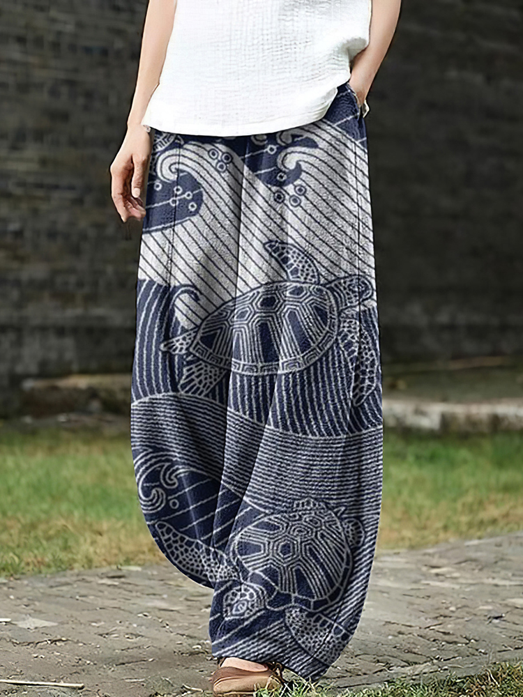 Comstylish Women&lsquo;s Japanese Art Sea Turtle Cozy Linen Blend Pants