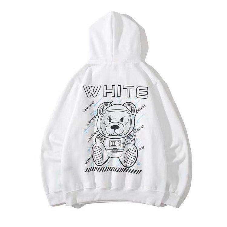 Off White Hoodie Autumn and Winter Astronaut Bear Pattern Velvet Padded Hooded Sweatshirt Men and Women Same Style