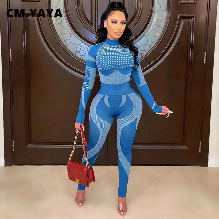 CM.YAYA Autumn Women's Set Long Sleeve T-shirt and Legging Sweatsuit Sport Tracksuit Two Piece Set Fitness Outfits Gym Yoga Suit